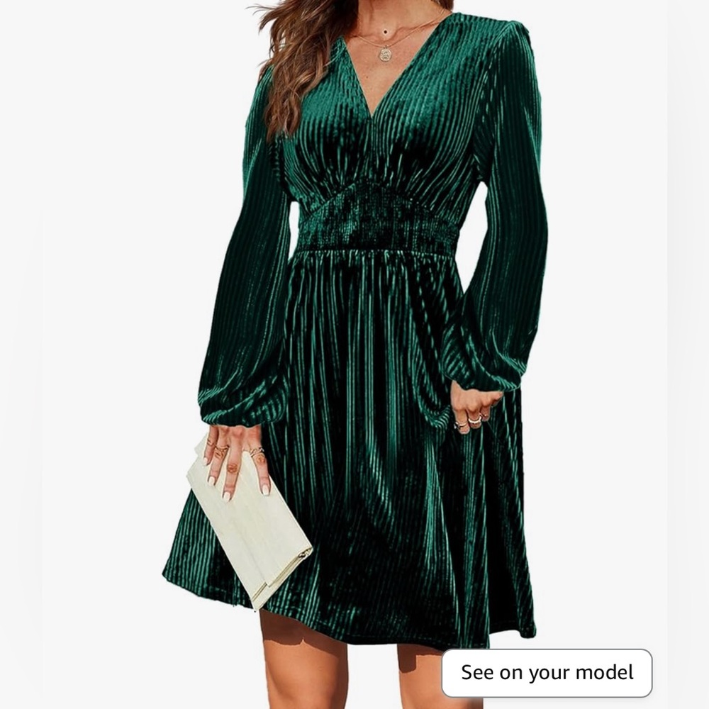 Green Velvet V-Neck Dress